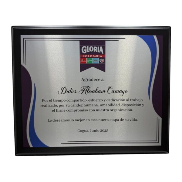 PLACA CONMEMORATIVA SUBLIMADA 2